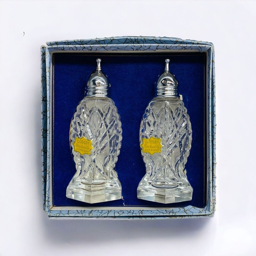 Crosby Hand Cut Crystal Salt & Pepper Shakers Japan Vintage Glass W/ Box